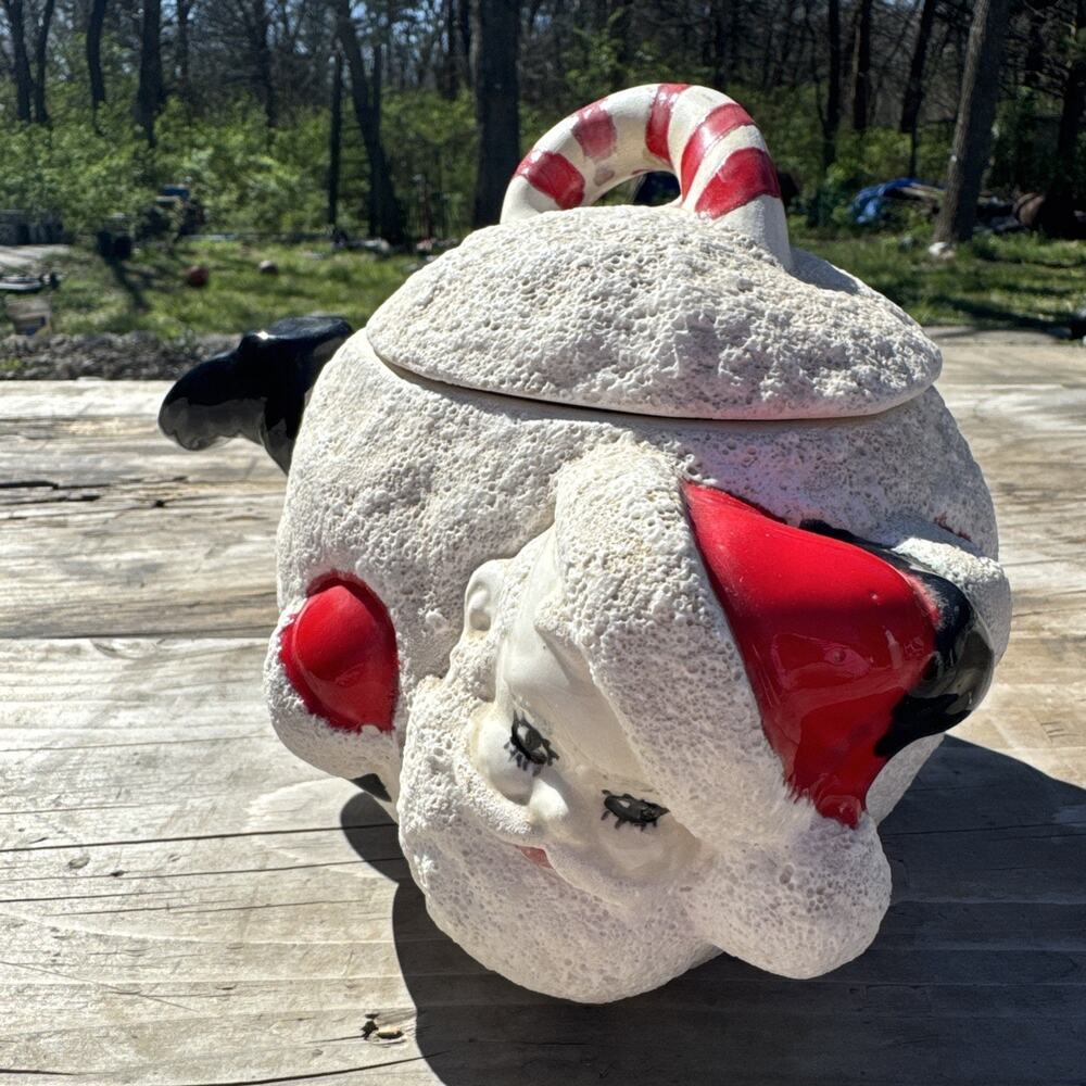Vintage Ceramic Santa Snowball Cookie Jar Canister Christmas Candy Cane Kitschy
